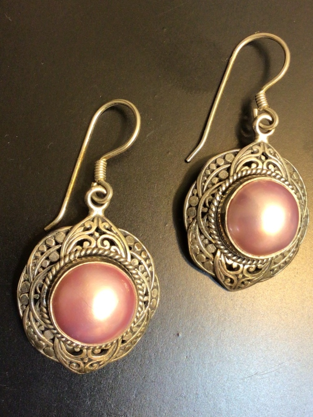 Cultured Pink Mabe Pearl Sterling Silver Dangle Drop Earrings Balinese Style 925